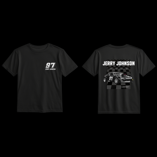 Black t-shirt with racing car design and text on front and back